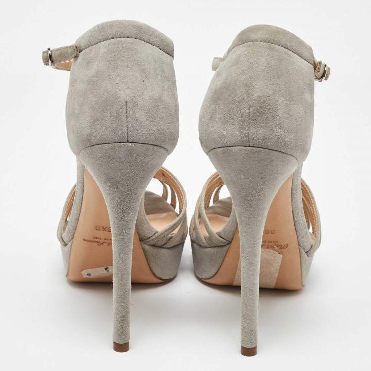 Pre Owned Ralph Lauren Grey Suede Leather T Strap Platform Sandals Size 38.5