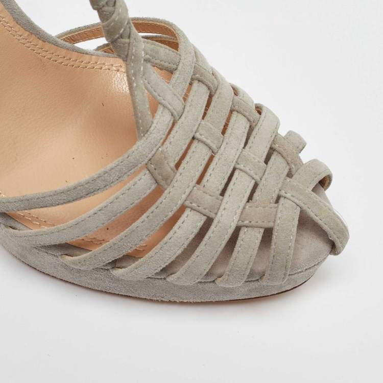 Pre Owned Ralph Lauren Grey Suede Leather T Strap Platform Sandals Size 38.5