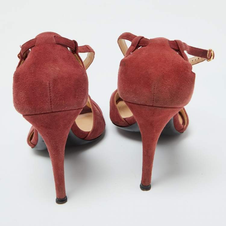 Pre Owned Ralph Lauren Rust Red Suede Arianna Peep Toe Sandals Size 39