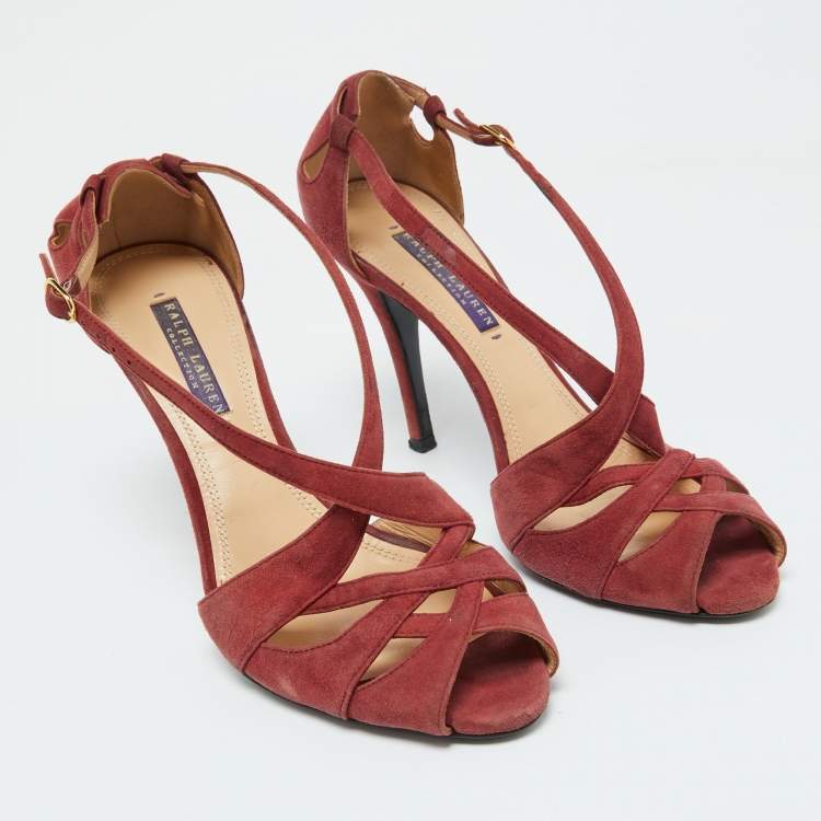 Pre Owned Ralph Lauren Rust Red Suede Arianna Peep Toe Sandals Size 39