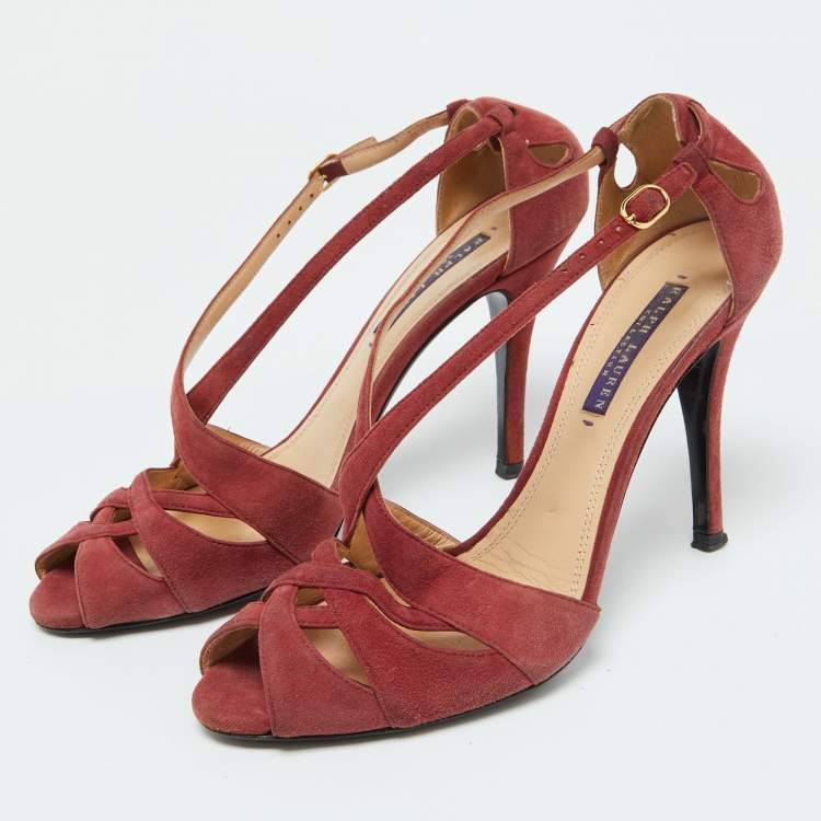 Pre Owned Ralph Lauren Rust Red Suede Arianna Peep Toe Sandals Size 39