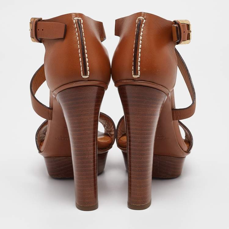 مملوكة مسبقًا Ralph Lauren Brown Leather Ankle Strap Platform Sandals Size 36