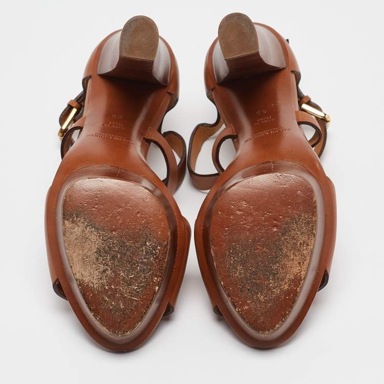 مملوكة مسبقًا Ralph Lauren Brown Leather Ankle Strap Platform Sandals Size 36