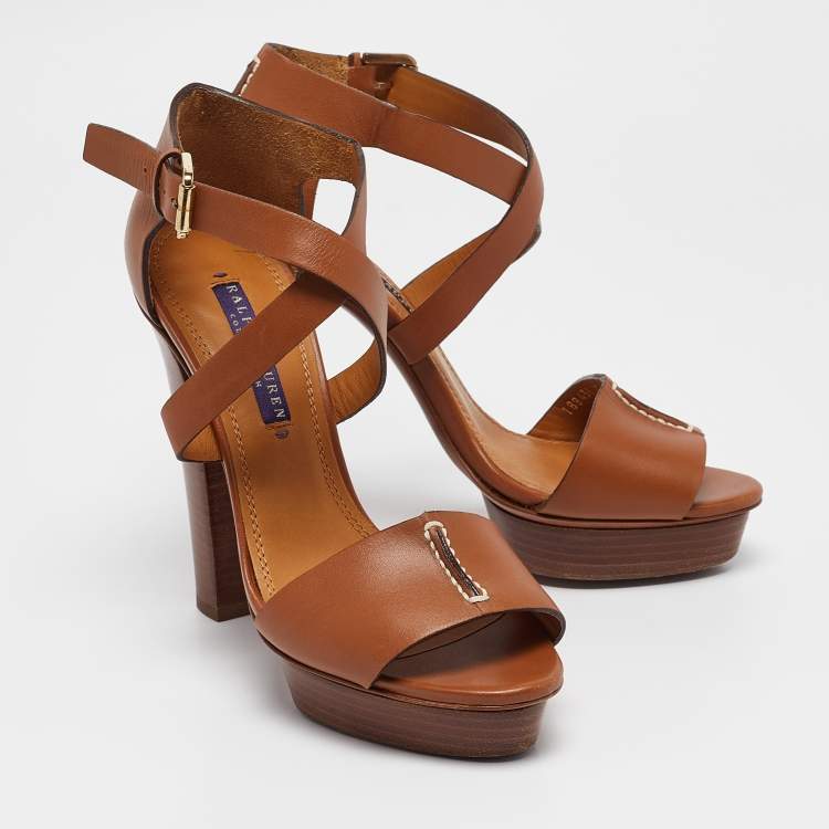 مملوكة مسبقًا Ralph Lauren Brown Leather Ankle Strap Platform Sandals Size 36