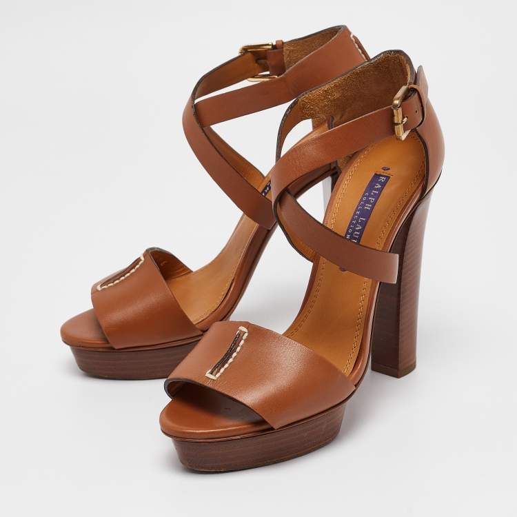 مملوكة مسبقًا Ralph Lauren Brown Leather Ankle Strap Platform Sandals Size 36