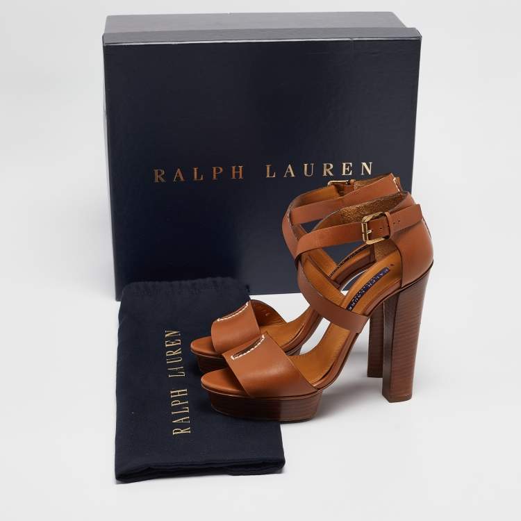 مملوكة مسبقًا Ralph Lauren Brown Leather Ankle Strap Platform Sandals Size 36
