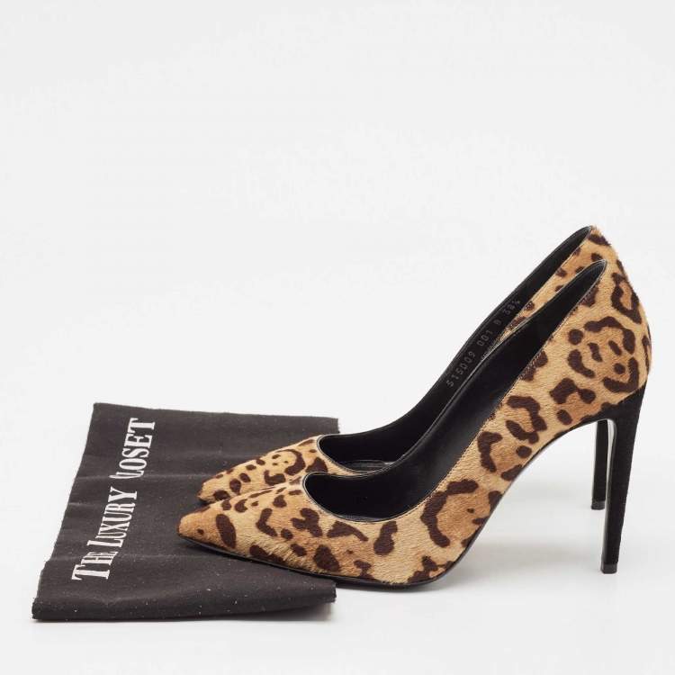 مملوكة مسبقًا Ralph Lauren Brown Leopard Print Calf Hair Pointed Toe Pumps Size 38.5