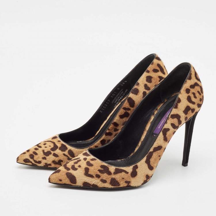 مملوكة مسبقًا Ralph Lauren Brown Leopard Print Calf Hair Pointed Toe Pumps Size 38.5