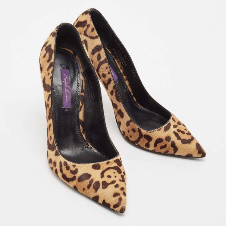 مملوكة مسبقًا Ralph Lauren Brown Leopard Print Calf Hair Pointed Toe Pumps Size 38.5