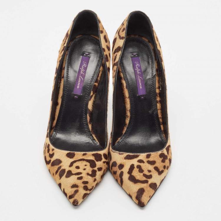 مملوكة مسبقًا Ralph Lauren Brown Leopard Print Calf Hair Pointed Toe Pumps Size 38.5