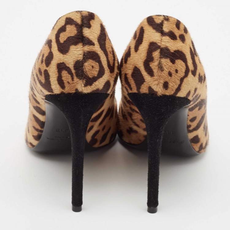 مملوكة مسبقًا Ralph Lauren Brown Leopard Print Calf Hair Pointed Toe Pumps Size 38.5