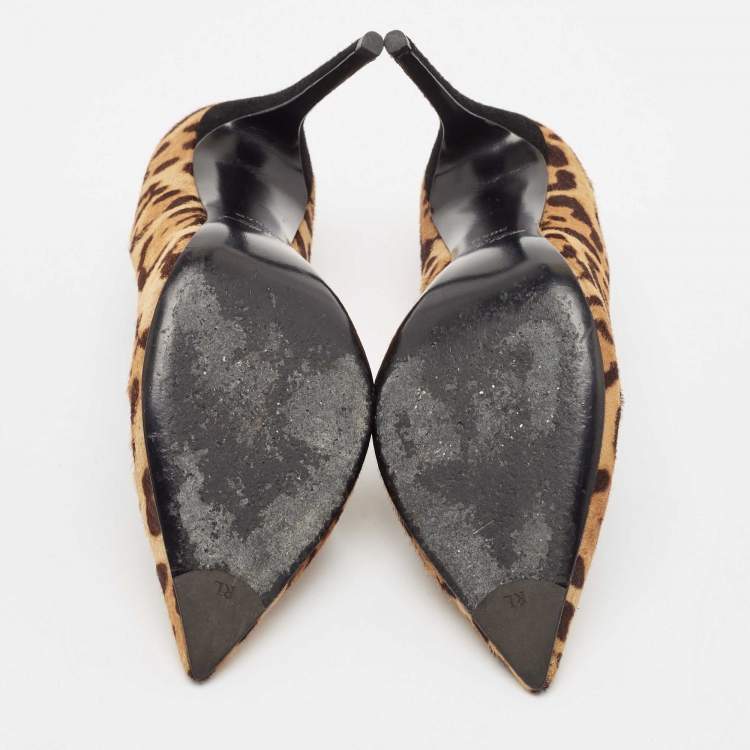 مملوكة مسبقًا Ralph Lauren Brown Leopard Print Calf Hair Pointed Toe Pumps Size 38.5