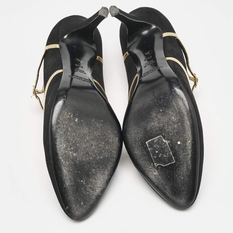 Pre Owned Ralph Lauren Black/Gold Leather and Suede Mary Jane Pumps Size 38.5