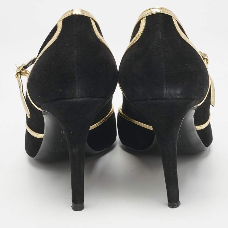 Pre Owned Ralph Lauren Black/Gold Leather and Suede Mary Jane Pumps Size 38.5