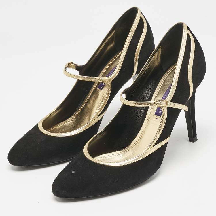 Pre Owned Ralph Lauren Black/Gold Leather and Suede Mary Jane Pumps Size 38.5
