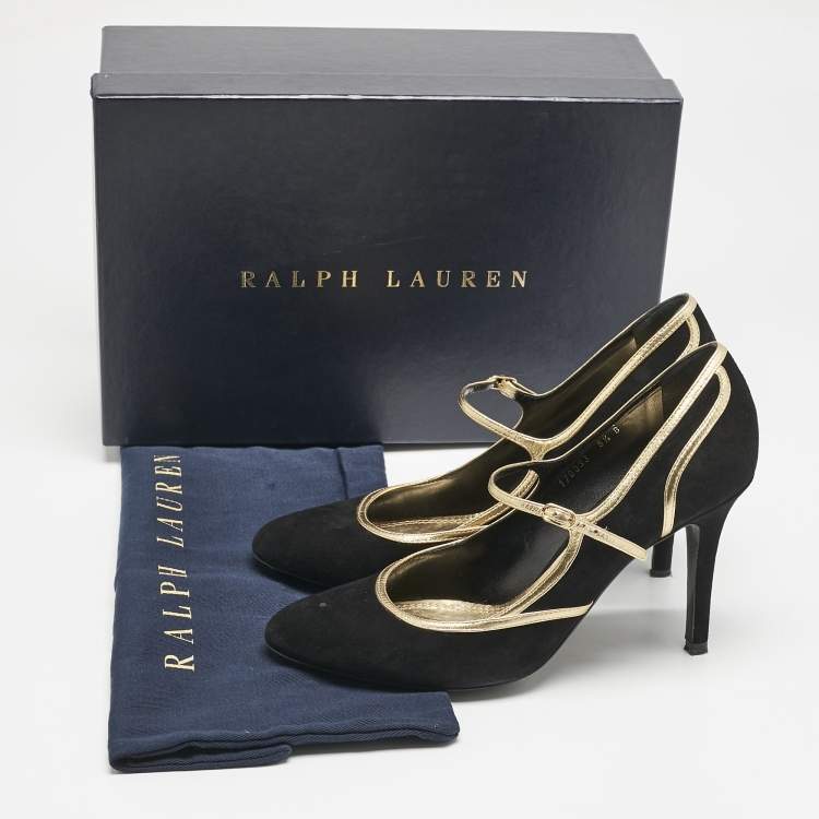 Pre Owned Ralph Lauren Black/Gold Leather and Suede Mary Jane Pumps Size 38.5