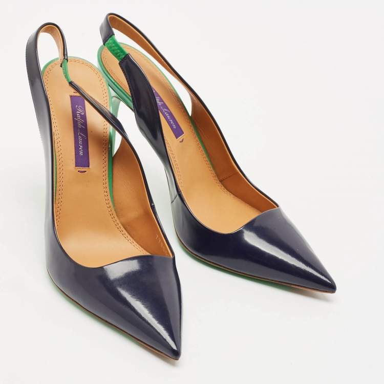 Pre Owned Ralph Lauren Navy Blue Leather Pointed Toe Slingback Pumps Size 38