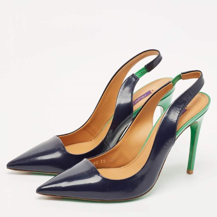 Pre Owned Ralph Lauren Navy Blue Leather Pointed Toe Slingback Pumps Size 38