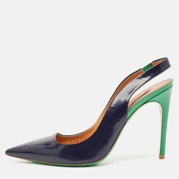 Pre Owned Ralph Lauren Navy Blue Leather Pointed Toe Slingback Pumps Size 38