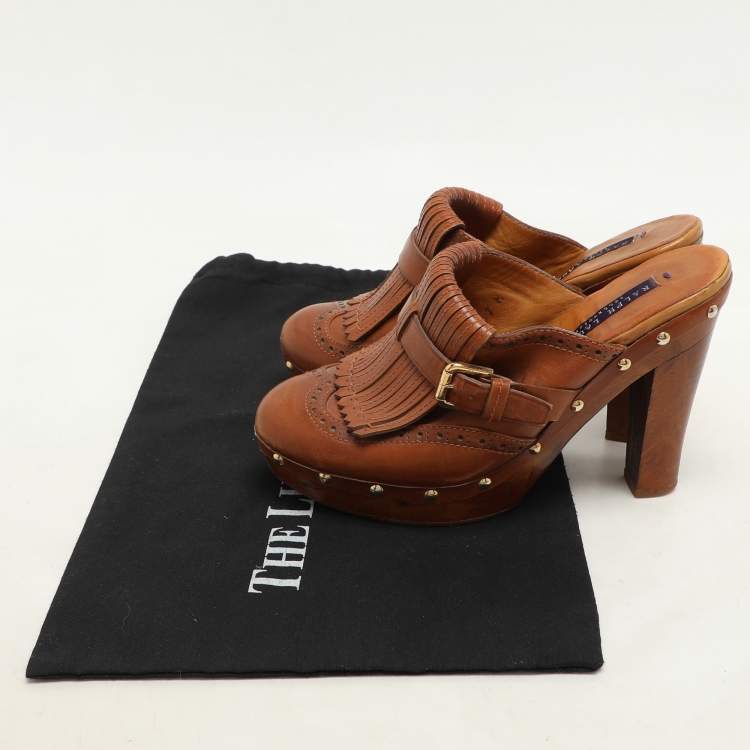 Pre Owned Ralph Lauren Brown Leather Fringe Detail Platform Clogs Size 37