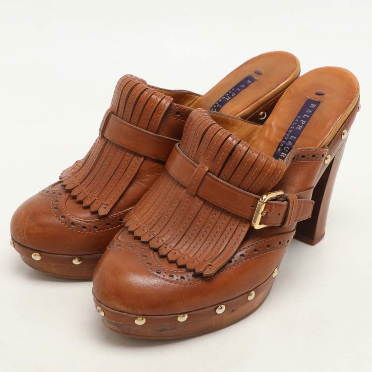 Pre Owned Ralph Lauren Brown Leather Fringe Detail Platform Clogs Size 37