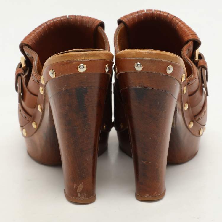 Pre Owned Ralph Lauren Brown Leather Fringe Detail Platform Clogs Size 37