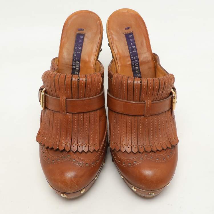 Pre Owned Ralph Lauren Brown Leather Fringe Detail Platform Clogs Size 37