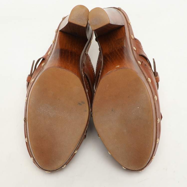 Pre Owned Ralph Lauren Brown Leather Fringe Detail Platform Clogs Size 37
