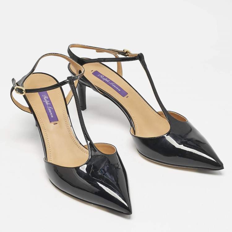 Pre Owned Ralph Lauren Black Patent Leather Ankle Strap  Pumps Size 38