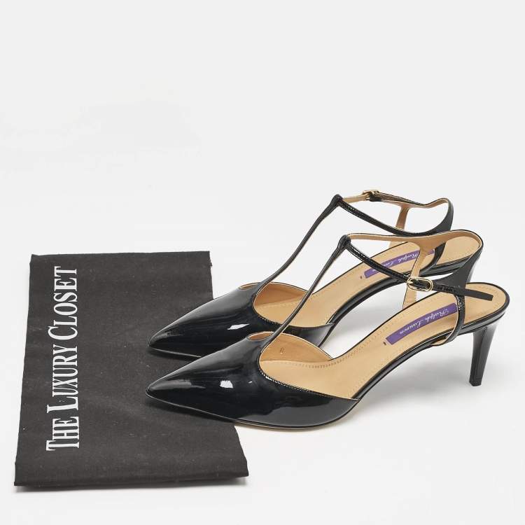 Pre Owned Ralph Lauren Black Patent Leather Ankle Strap  Pumps Size 38