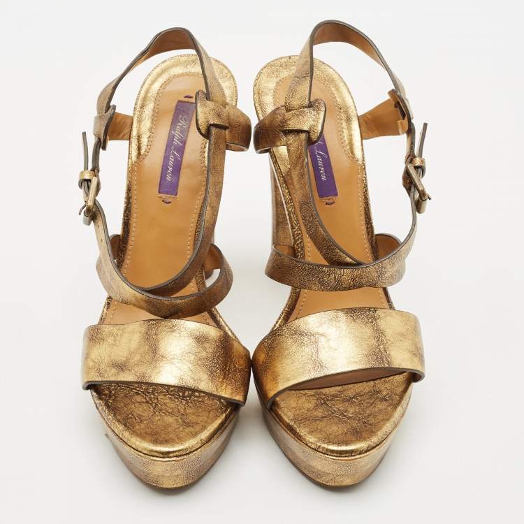 Pre Owned Ralph Lauren Metallic Gold Leather Estrid Platform Ankle Strap Sandals Size 39.5