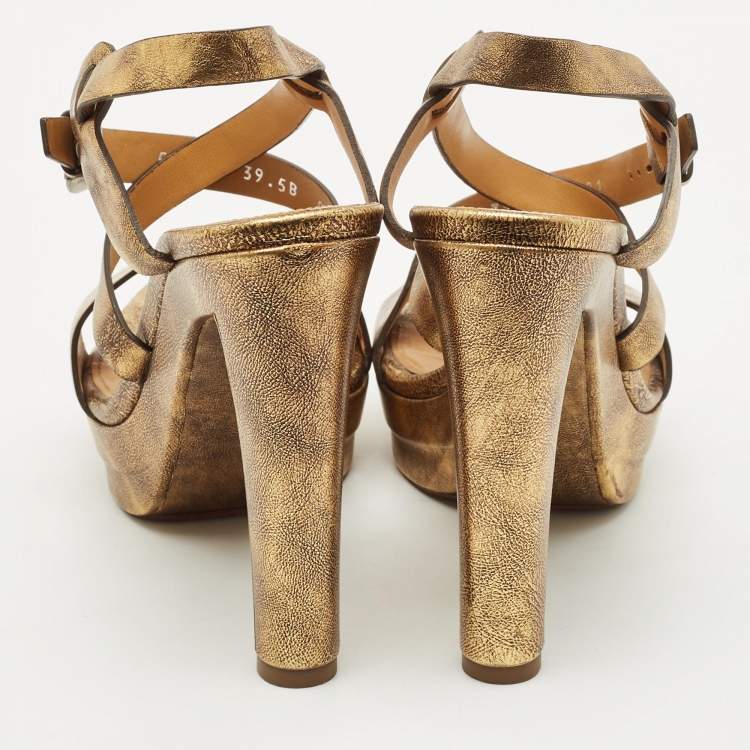 Pre Owned Ralph Lauren Metallic Gold Leather Estrid Platform Ankle Strap Sandals Size 39.5