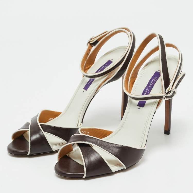 Pre Owned Ralph Lauren Brown/White Leather Amabella Crisscross Ankle Strap Sandals Size 38.5