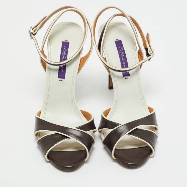 Pre Owned Ralph Lauren Brown/White Leather Amabella Crisscross Ankle Strap Sandals Size 38.5