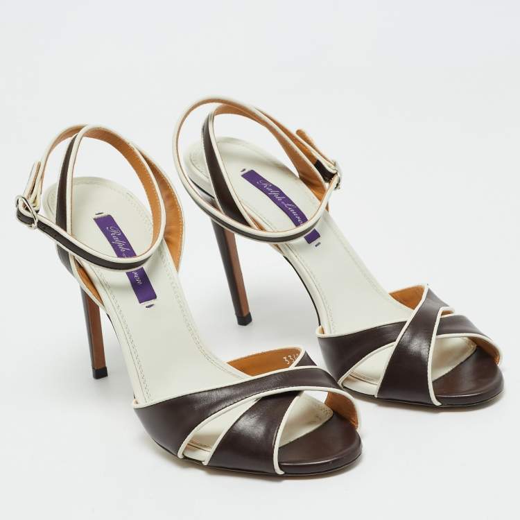 Pre Owned Ralph Lauren Brown/White Leather Amabella Crisscross Ankle Strap Sandals Size 38.5