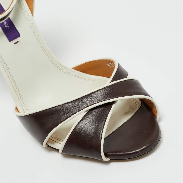 Pre Owned Ralph Lauren Brown/White Leather Amabella Crisscross Ankle Strap Sandals Size 38.5