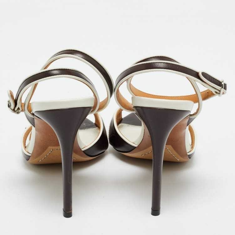 Pre Owned Ralph Lauren Brown/White Leather Amabella Crisscross Ankle Strap Sandals Size 38.5