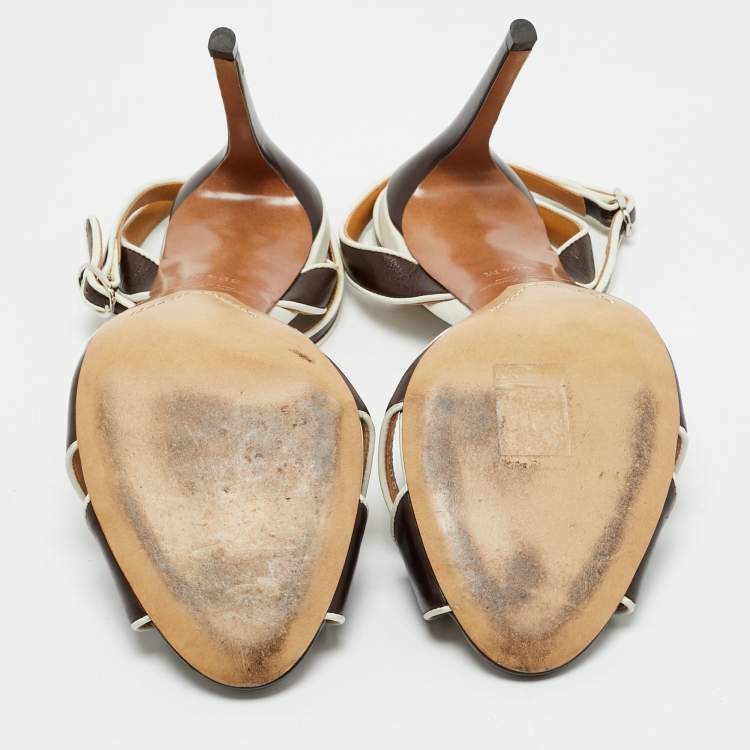 Pre Owned Ralph Lauren Brown/White Leather Amabella Crisscross Ankle Strap Sandals Size 38.5