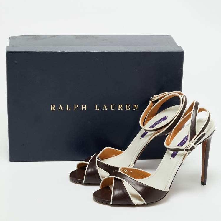 Pre Owned Ralph Lauren Brown/White Leather Amabella Crisscross Ankle Strap Sandals Size 38.5