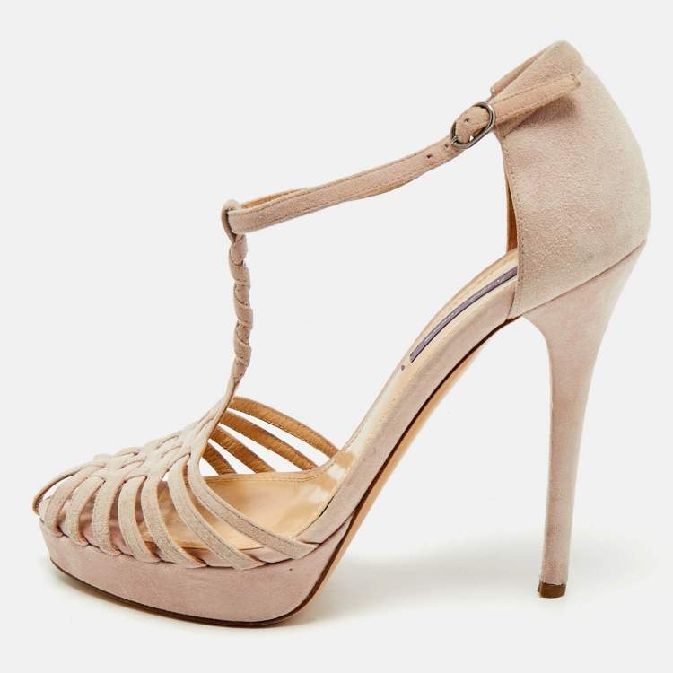 Pre Owned Ralph Lauren Light Purple Suede T Strap Platform Sandals Size 40