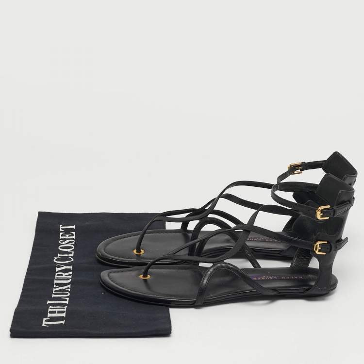 Pre Owned Ralph Lauren Size 38 Black Leather Thong Ankle Strap Sandals