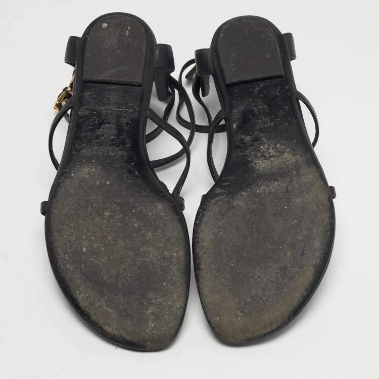 Pre Owned Ralph Lauren Size 38 Black Leather Thong Ankle Strap Sandals