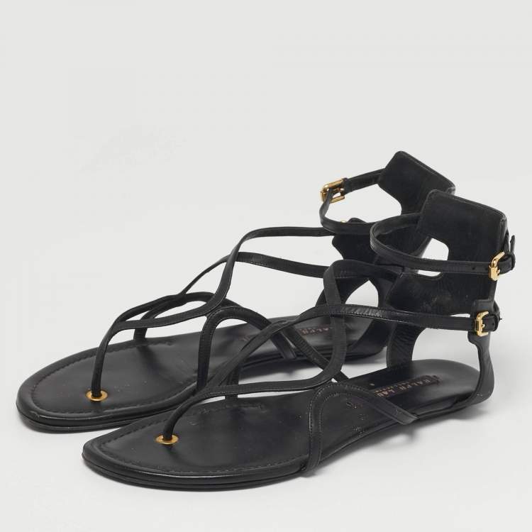 Pre Owned Ralph Lauren Size 38 Black Leather Thong Ankle Strap Sandals