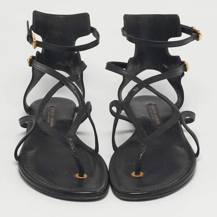 Pre Owned Ralph Lauren Size 38 Black Leather Thong Ankle Strap Sandals