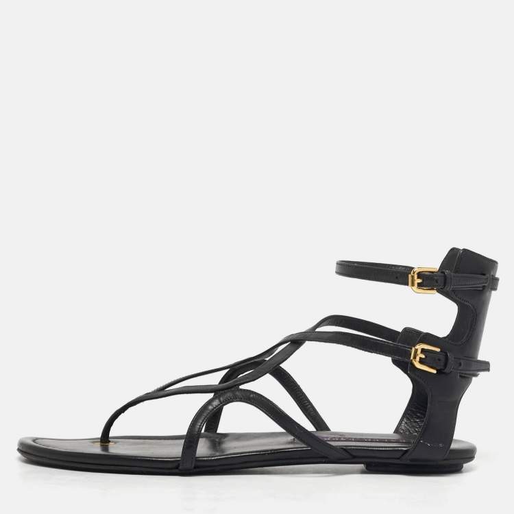 Pre Owned Ralph Lauren Size 38 Black Leather Thong Ankle Strap Sandals