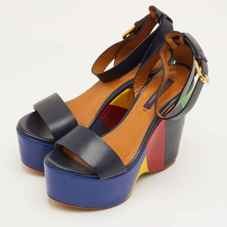 Pre Owned Ralph Lauren Arianna Size 37 Navy Blue Leather Colorblock Platform Wedge Sandals
