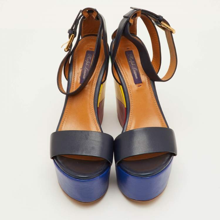 Pre Owned Ralph Lauren Arianna Size 37 Navy Blue Leather Colorblock Platform Wedge Sandals