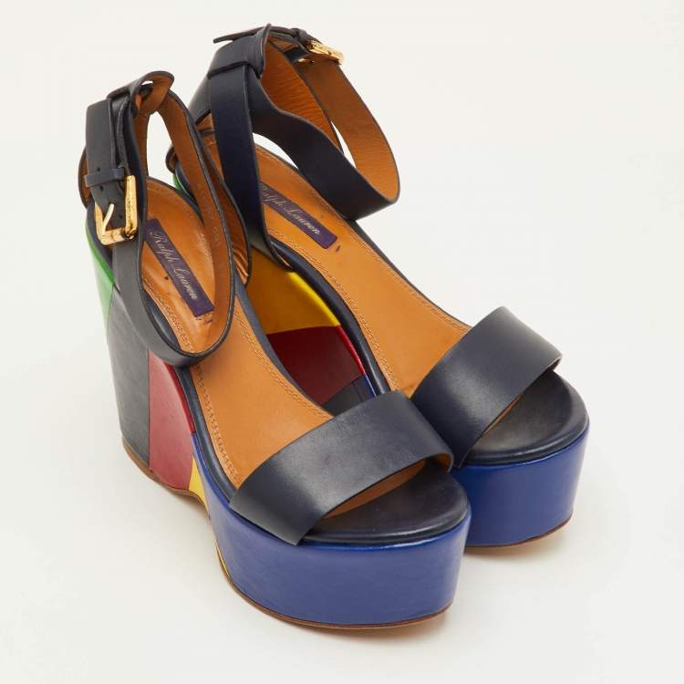 Pre Owned Ralph Lauren Arianna Size 37 Navy Blue Leather Colorblock Platform Wedge Sandals