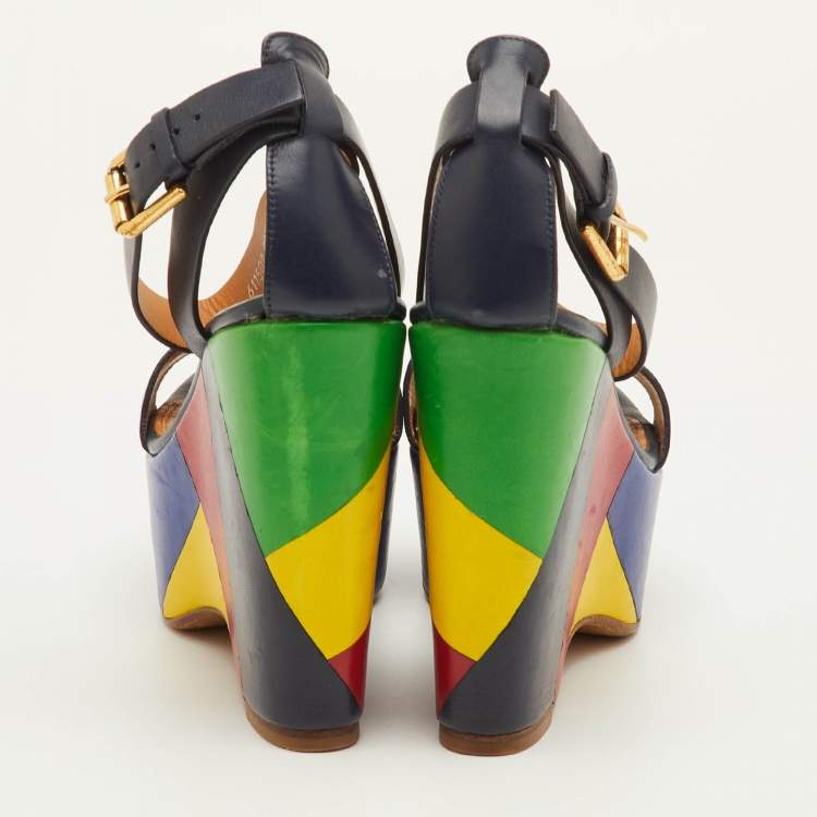 Pre Owned Ralph Lauren Arianna Size 37 Navy Blue Leather Colorblock Platform Wedge Sandals