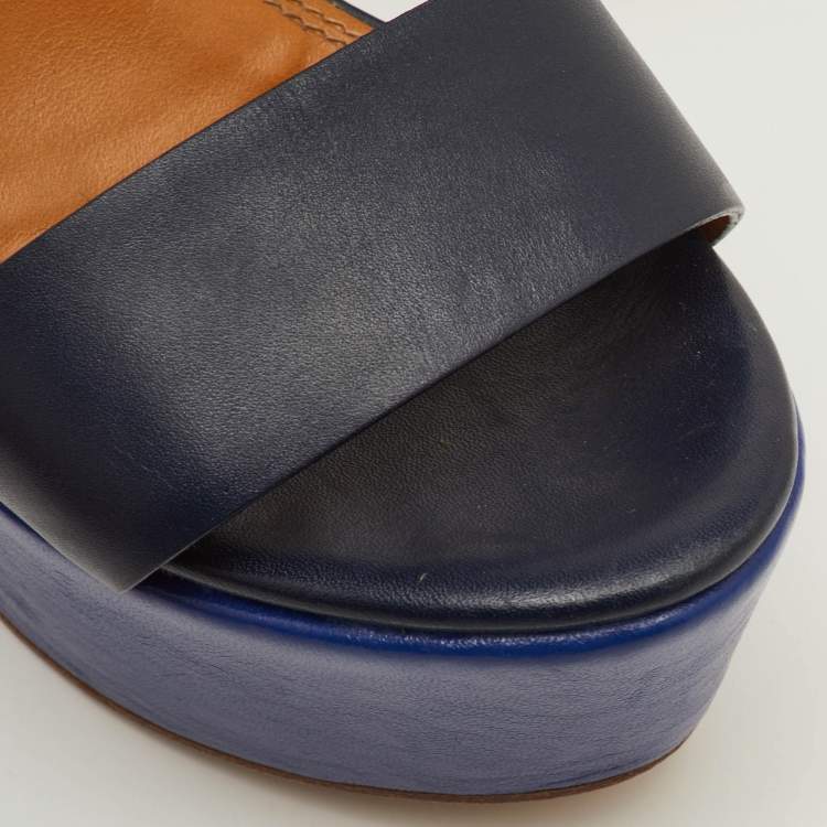 Pre Owned Ralph Lauren Arianna Size 37 Navy Blue Leather Colorblock Platform Wedge Sandals